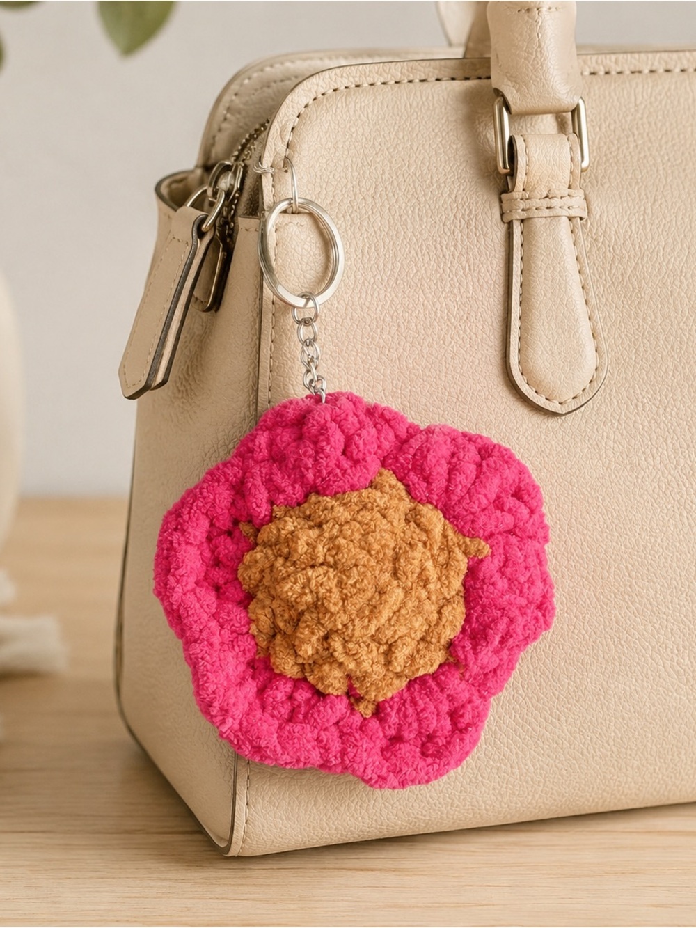 Handmade Pink & Brown Floral Keychain - Women Accessories